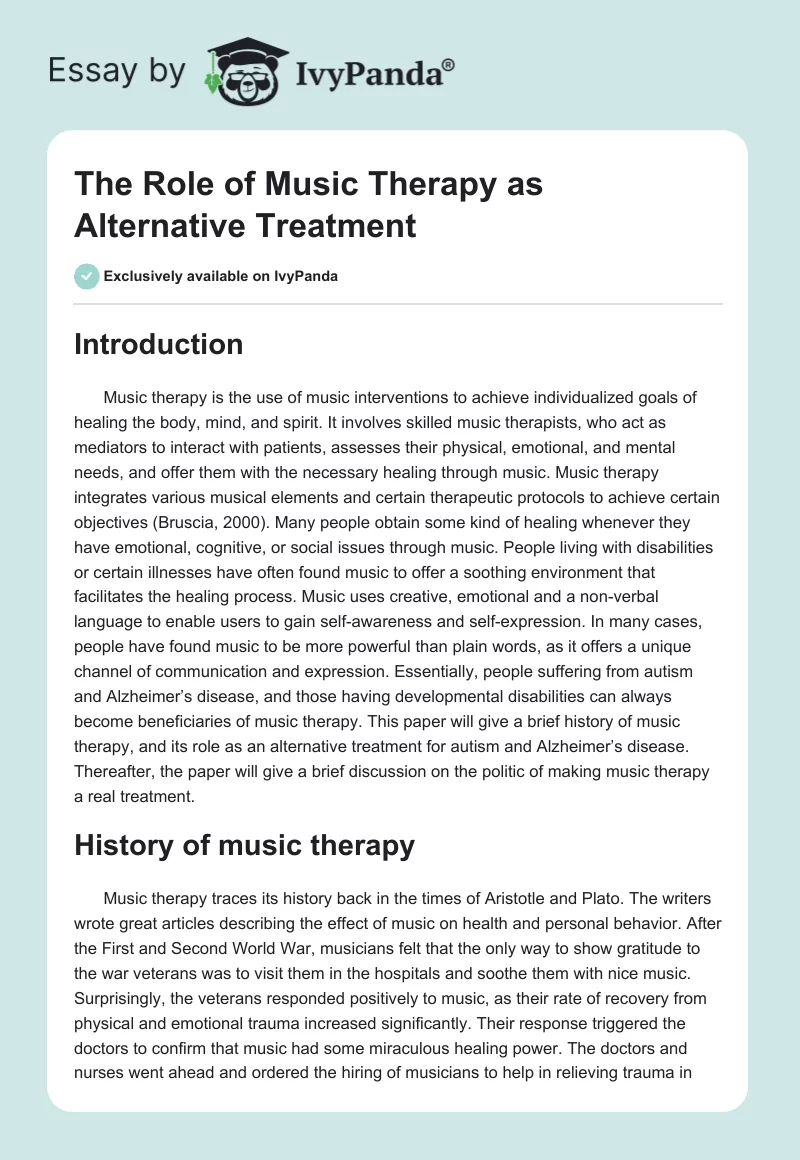 The Role of Music Therapy as Alternative Treatment. Page 1