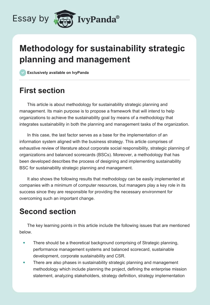 Methodology for sustainability strategic planning and management. Page 1