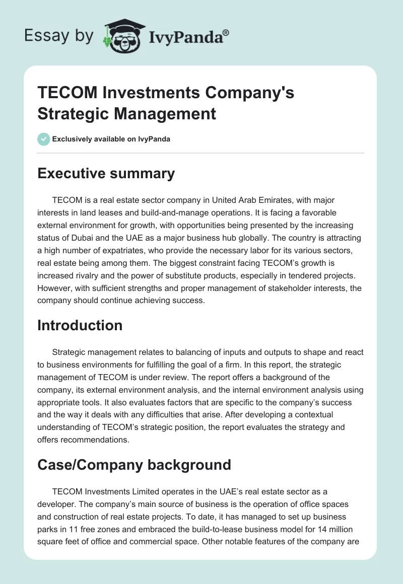 TECOM Investments Company's Strategic Management. Page 1