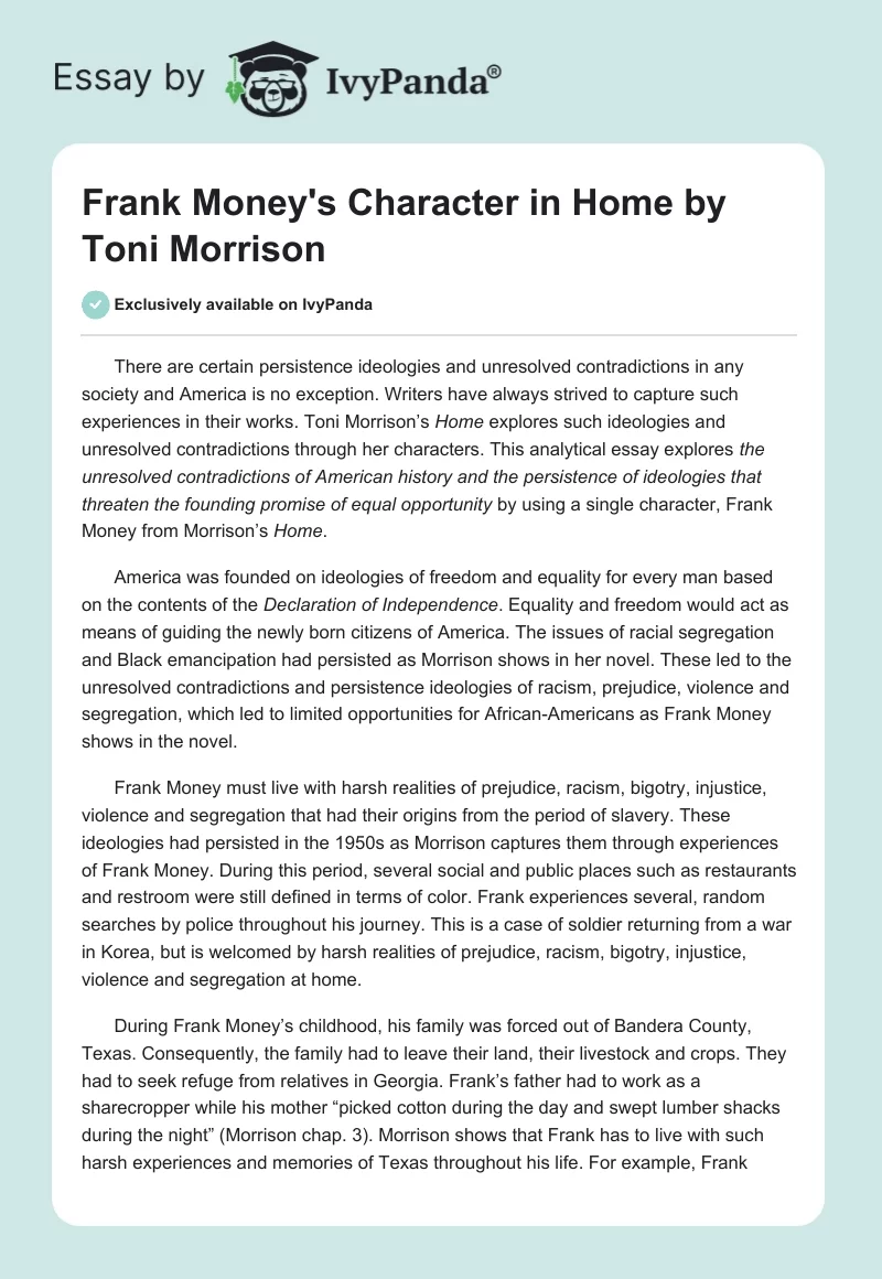 Frank Money's Character in "Home" by Toni Morrison. Page 1