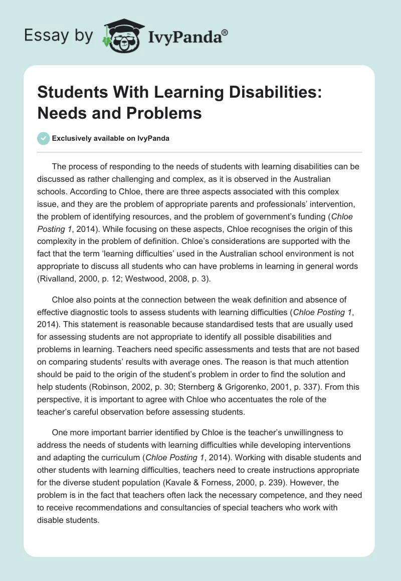 Students With Learning Disabilities: Needs and Problems. Page 1
