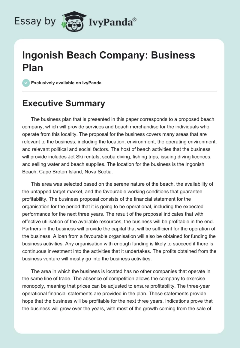 Ingonish Beach Company: Business Plan. Page 1