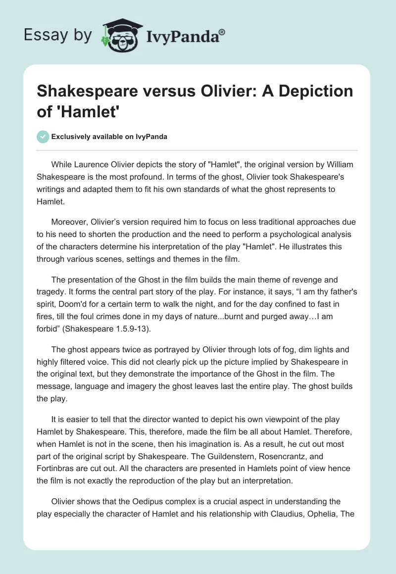 Shakespeare versus Olivier: A Depiction of 'Hamlet'. Page 1