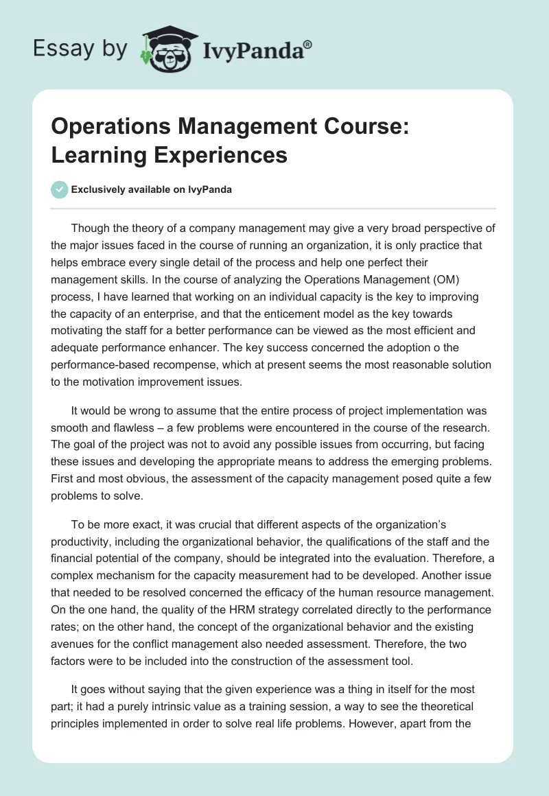 Operations Management Course: Learning Experiences. Page 1