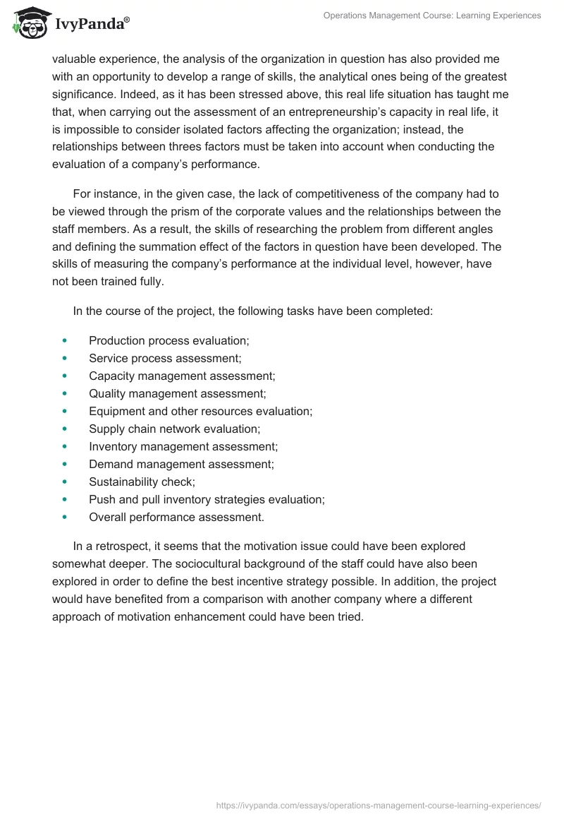Operations Management Course: Learning Experiences. Page 2
