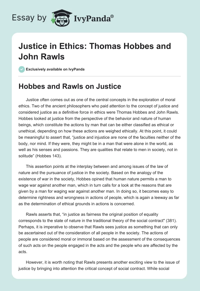 Justice in Ethics: Thomas Hobbes and John Rawls. Page 1