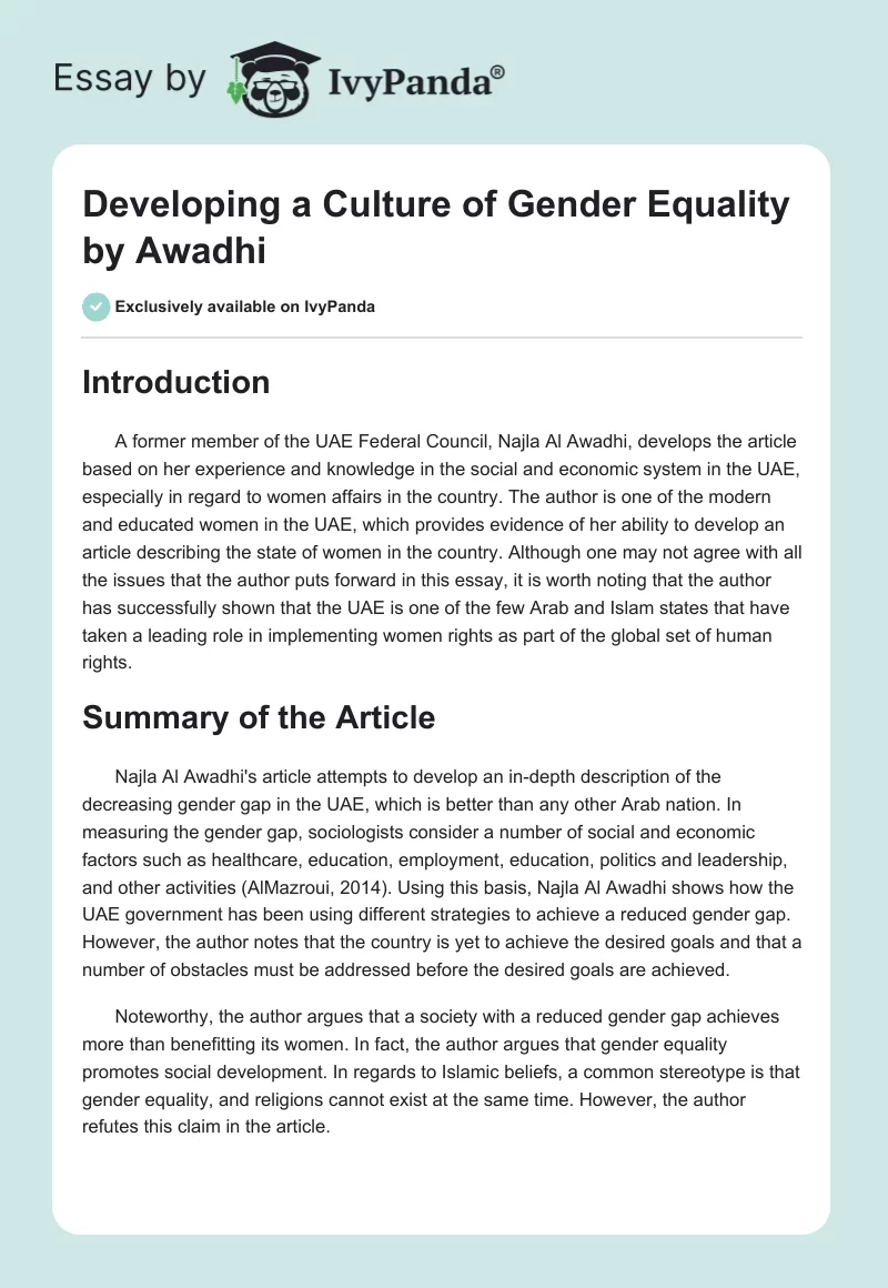 Developing a Culture of Gender Equality by Awadhi. Page 1