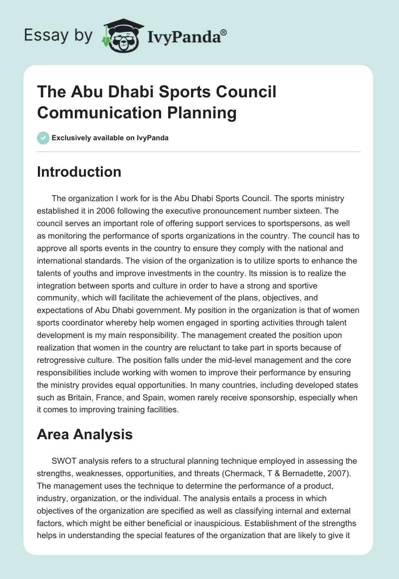The Abu Dhabi Sports Council Communication Planning. Page 1
