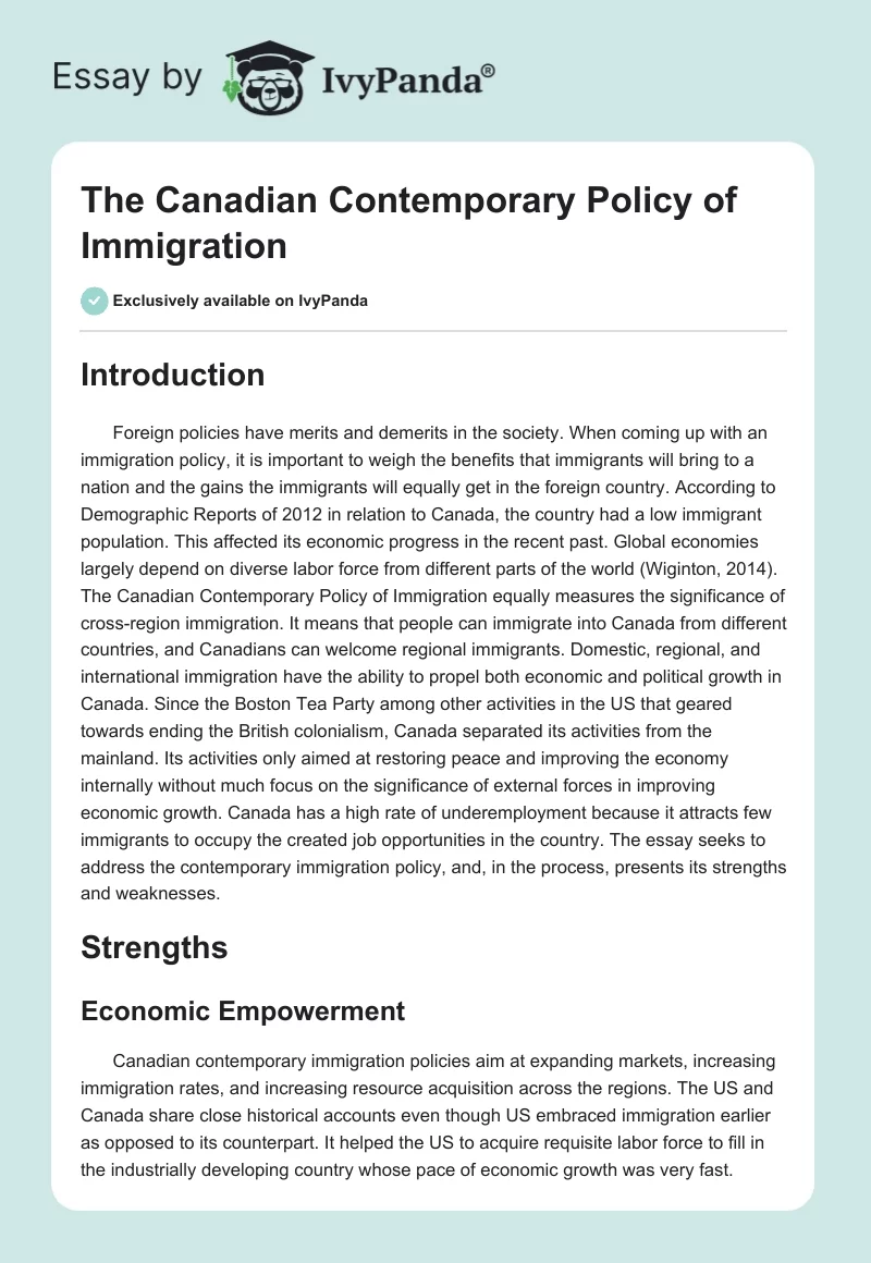 The Canadian Contemporary Policy of Immigration. Page 1