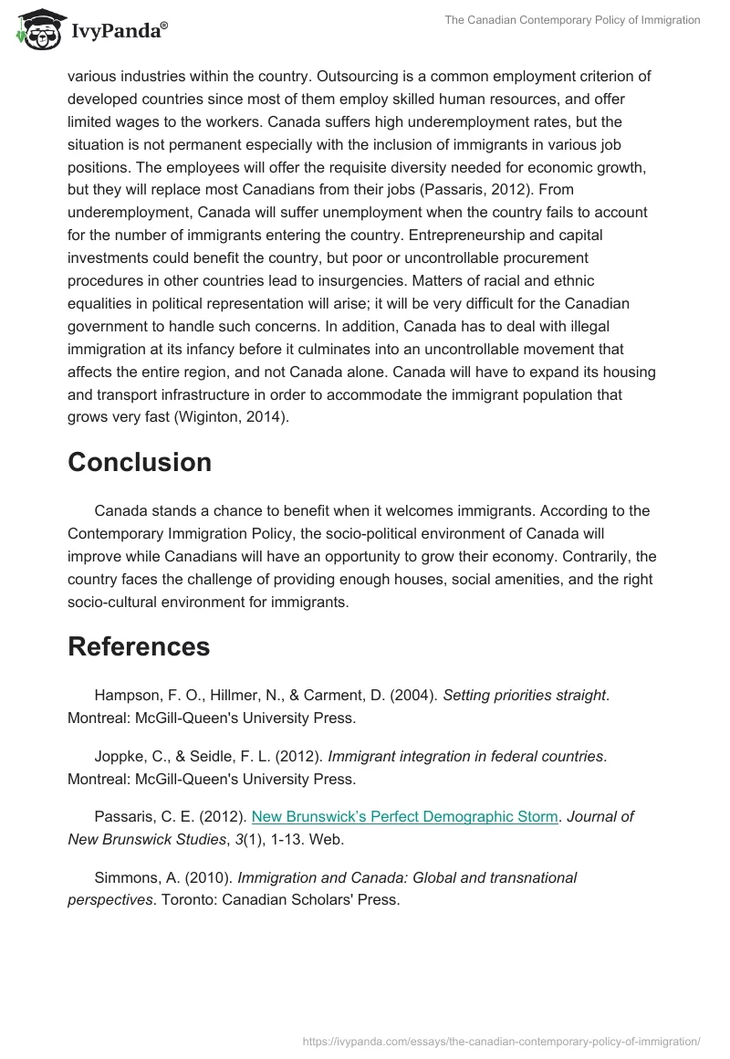 The Canadian Contemporary Policy of Immigration. Page 4