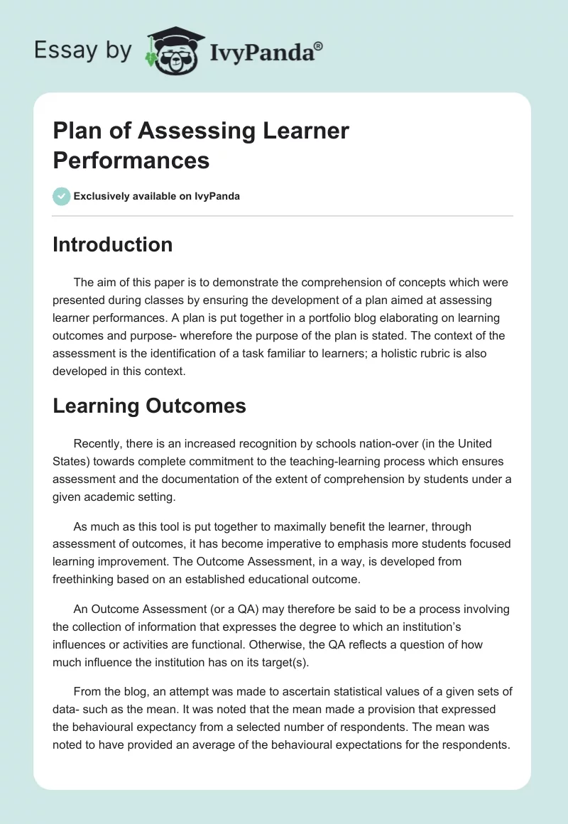 Plan of Assessing Learner Performances. Page 1