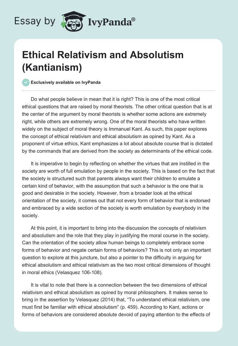 Ethical Relativism and Absolutism (Kantianism). Page 1