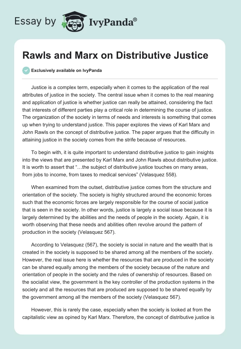 Rawls and Marx on Distributive Justice. Page 1