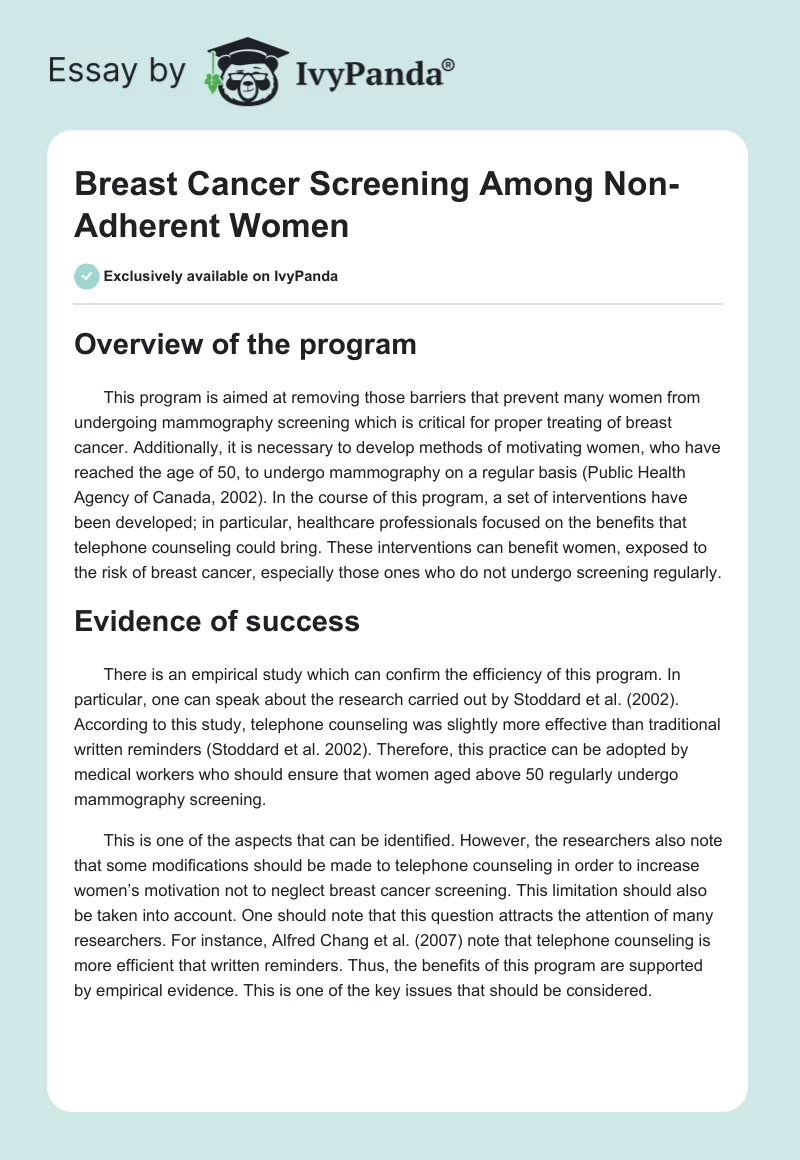 Breast Cancer Screening Among Non-Adherent Women. Page 1