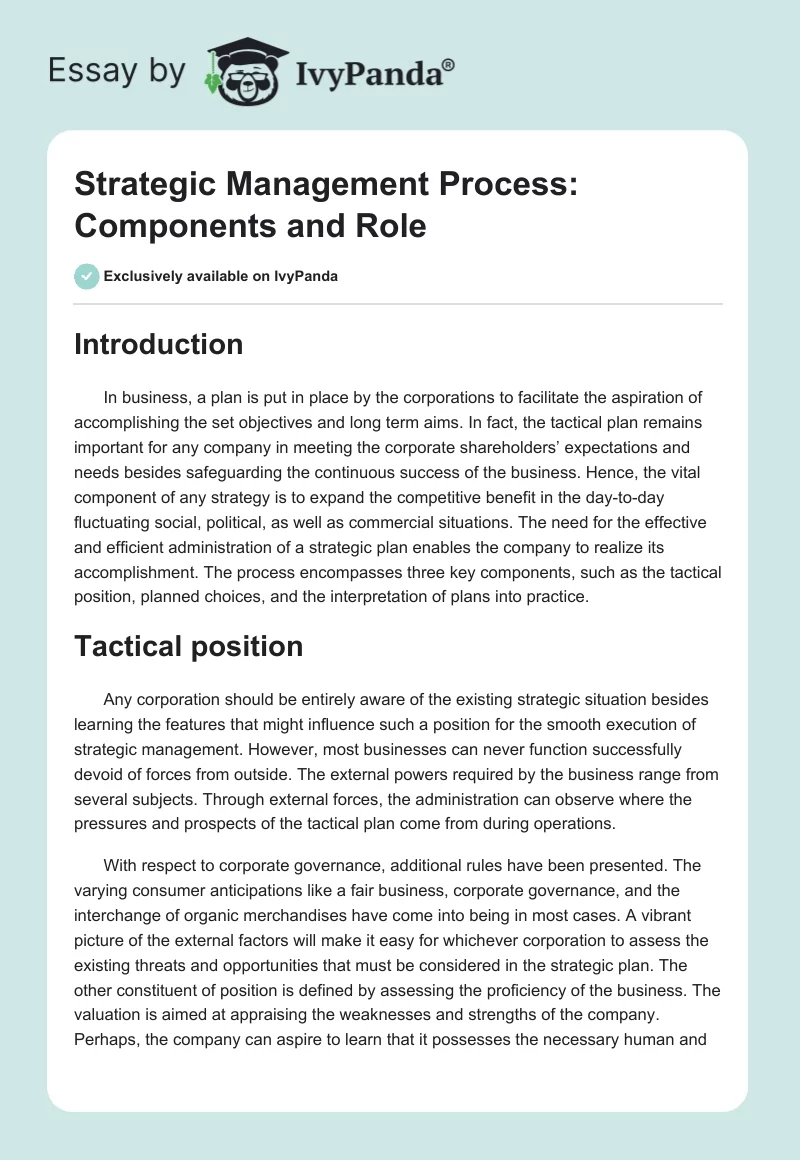 Strategic Management Process: Components and Role. Page 1