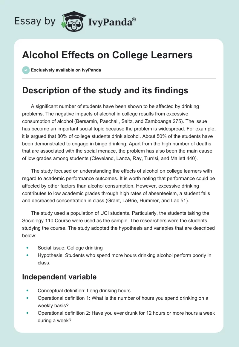 Alcohol Effects on College Learners. Page 1