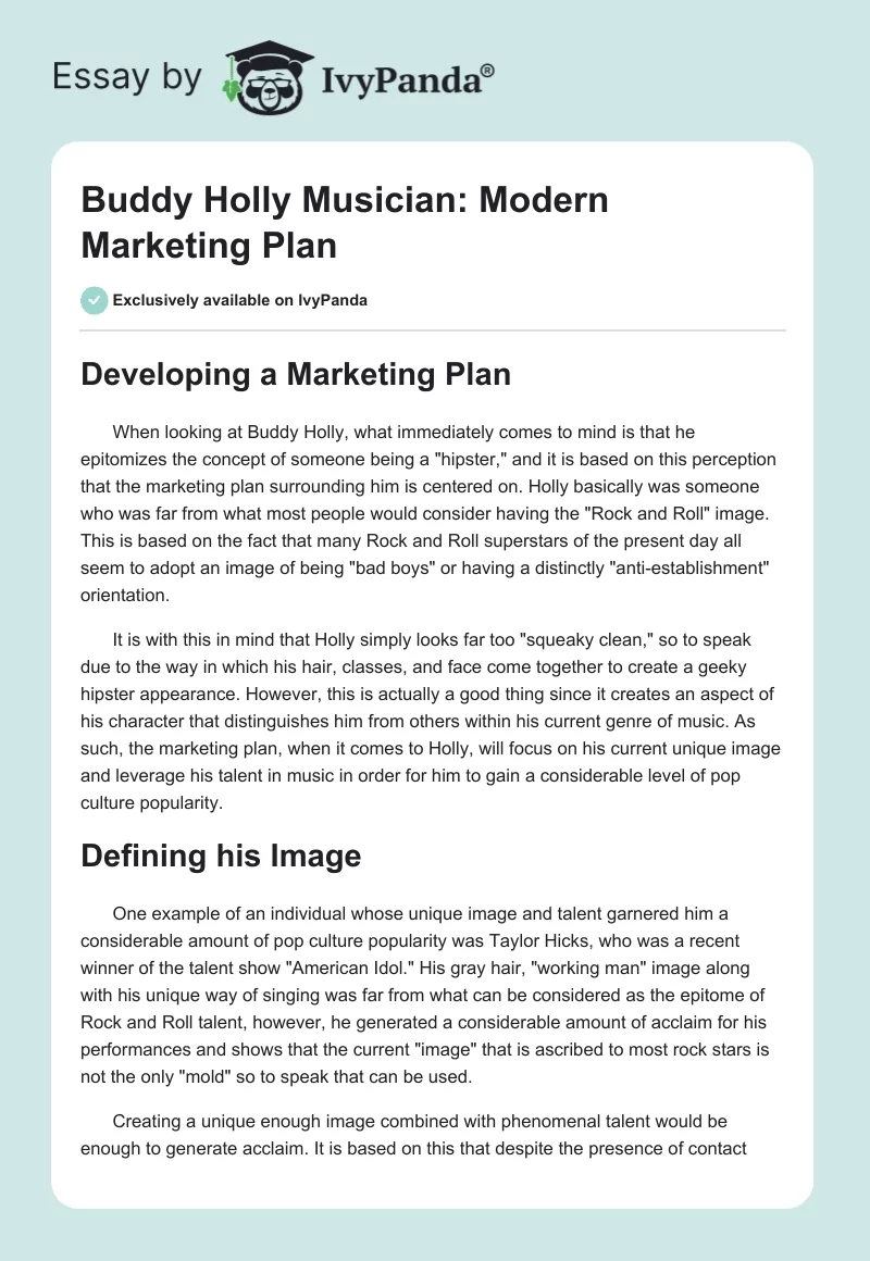 Buddy Holly Musician: Modern Marketing Plan. Page 1