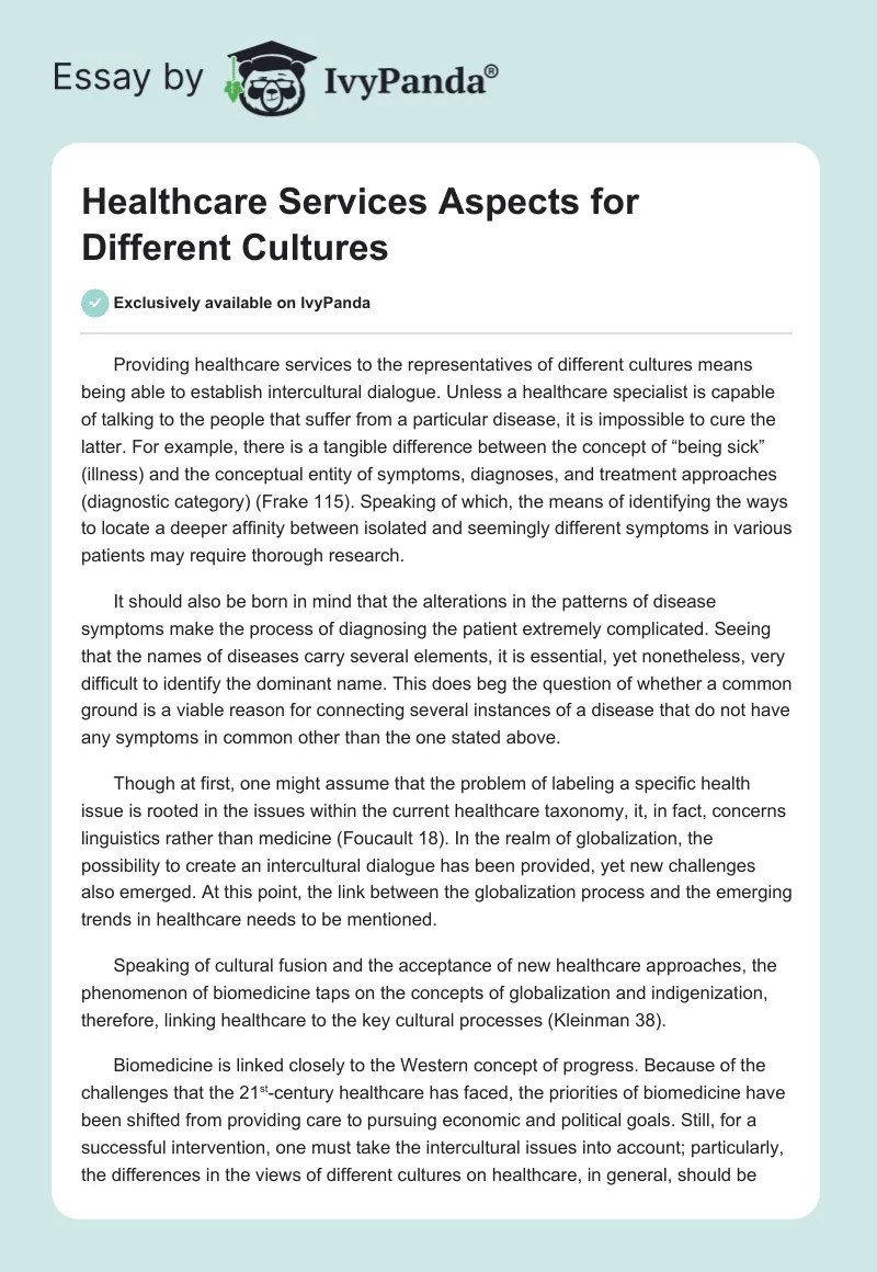 Healthcare Services Aspects for Different Cultures. Page 1