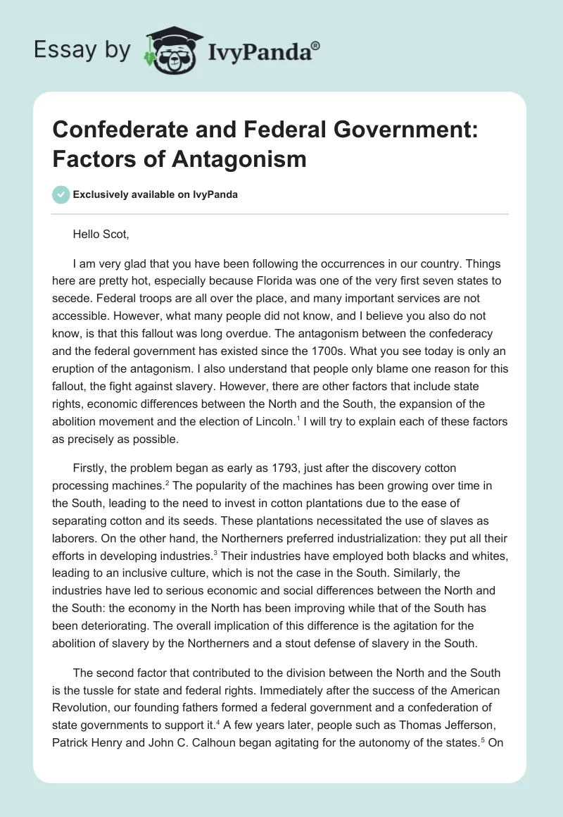 Confederate and Federal Government: Factors of Antagonism. Page 1