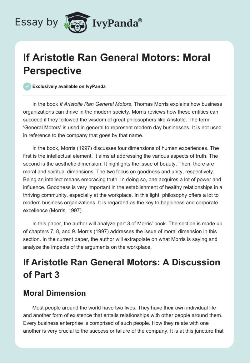 If Aristotle Ran General Motors: Moral Perspective. Page 1