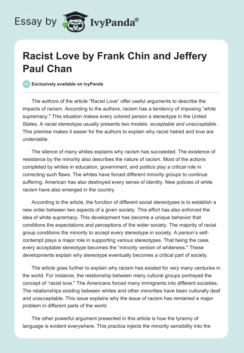 "Racist Love" by Frank Chin and Jeffery Paul Chan. Page 1