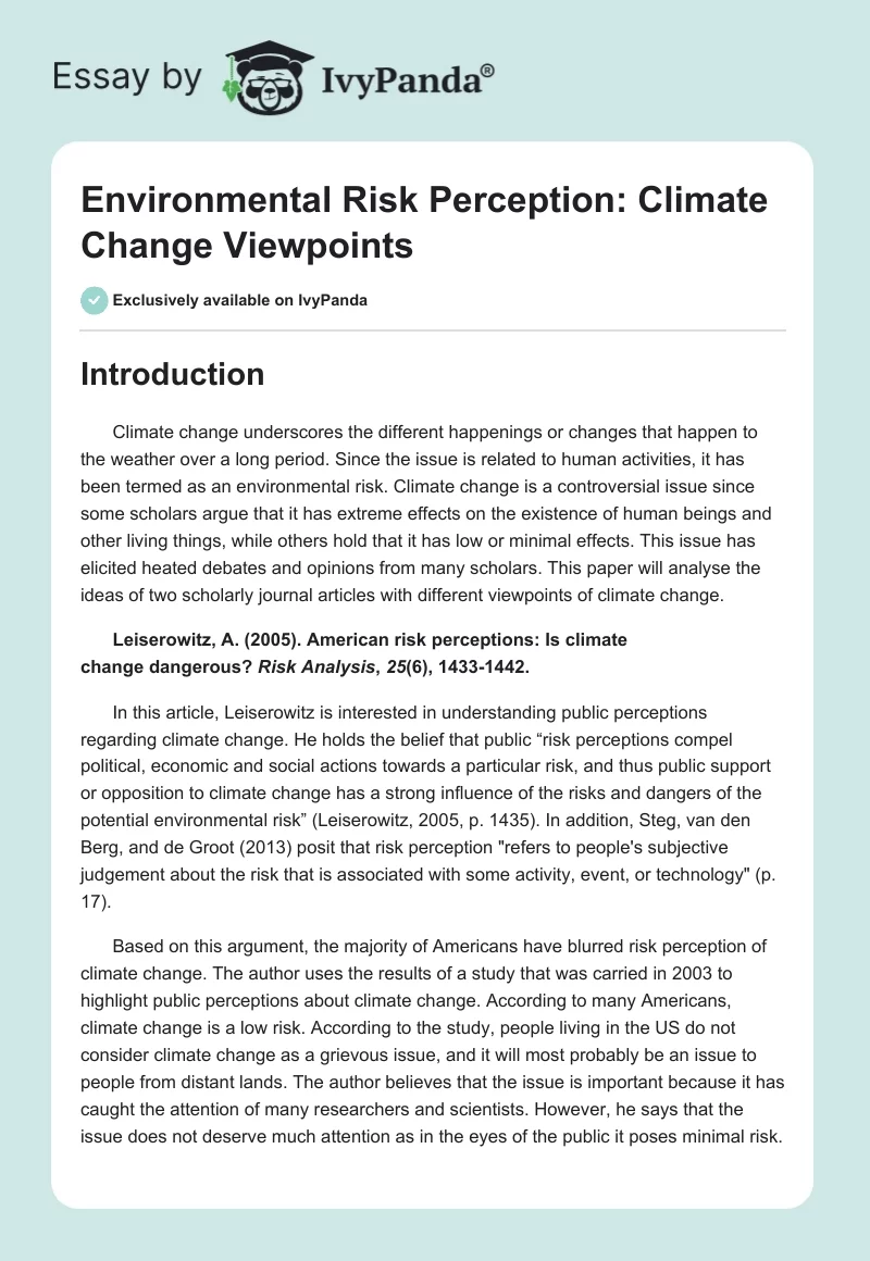 Environmental Risk Perception: Climate Change Viewpoints. Page 1