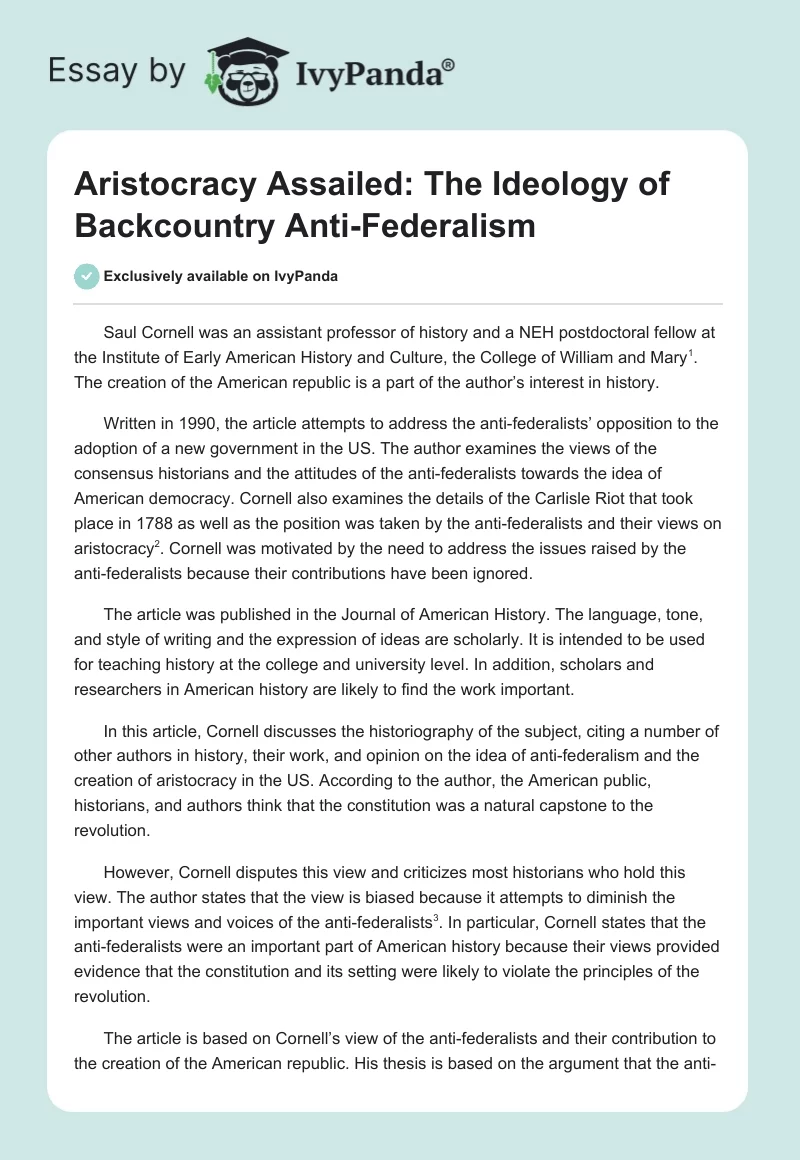 Aristocracy Assailed: The Ideology of Backcountry Anti-Federalism. Page 1
