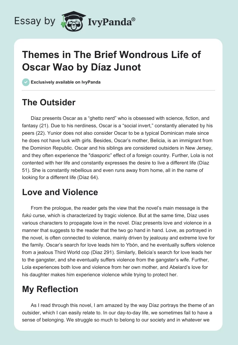 Themes in "The Brief Wondrous Life of Oscar Wao" by Díaz Junot. Page 1