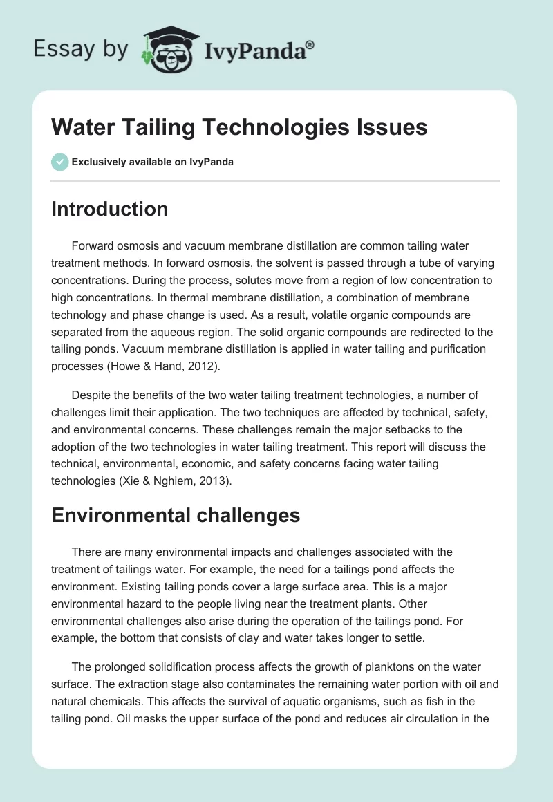 Water Tailing Technologies Issues. Page 1