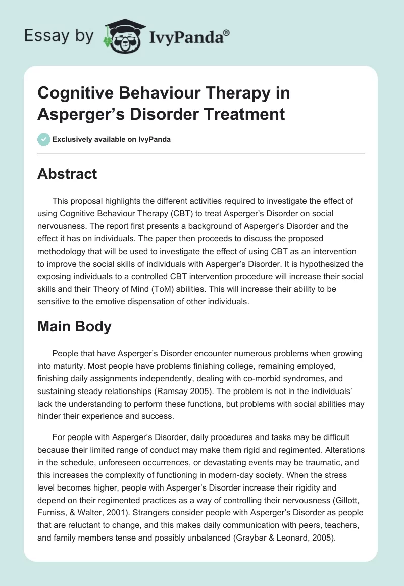 Cognitive Behaviour Therapy in Asperger’s Disorder Treatment. Page 1