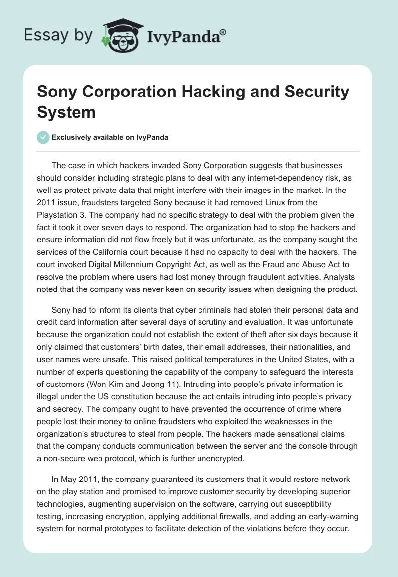 Sony Corporation Hacking and Security System. Page 1