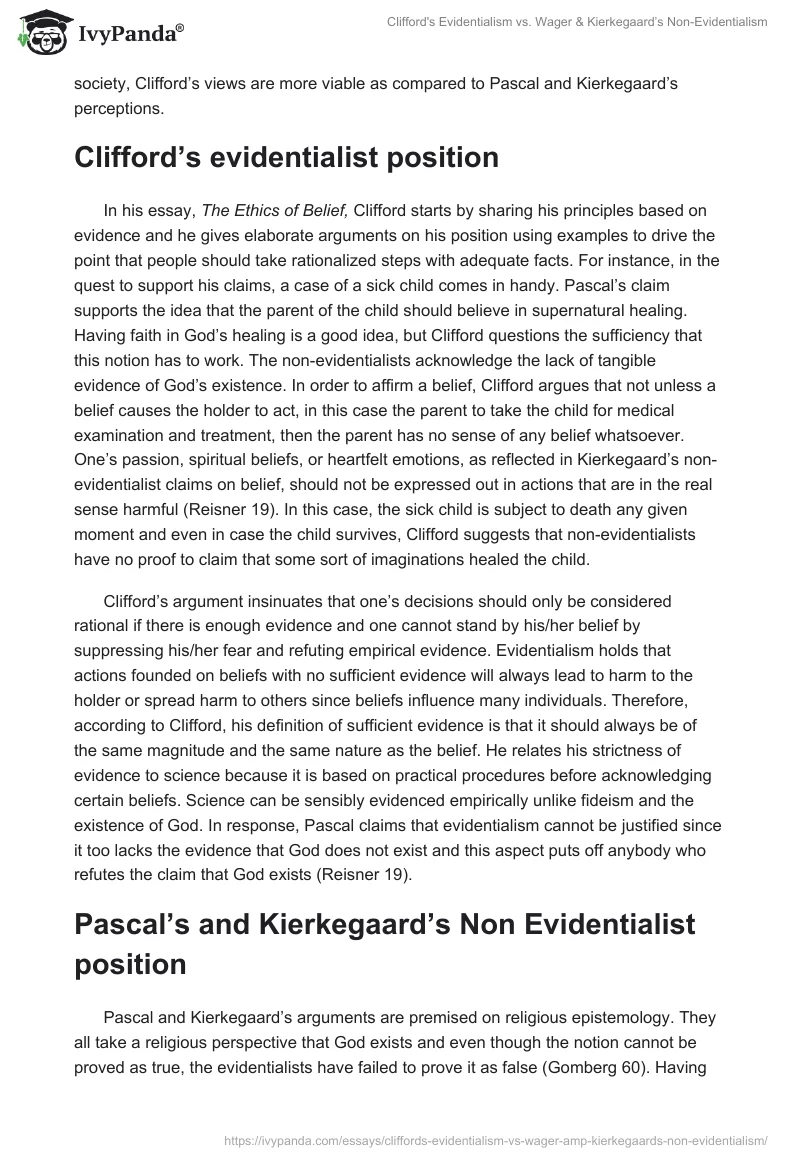 Clifford's Evidentialism vs. Wager & Kierkegaard’s Non-Evidentialism. Page 2