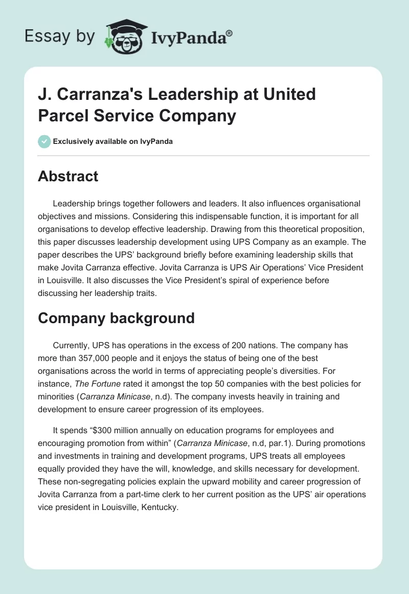 J. Carranza's Leadership at United Parcel Service Company. Page 1