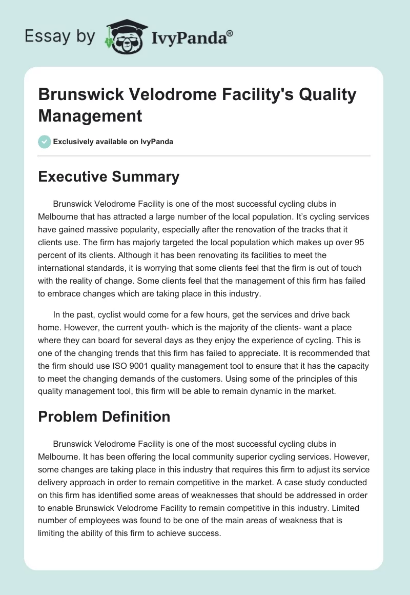 Brunswick Velodrome Facility's Quality Management. Page 1