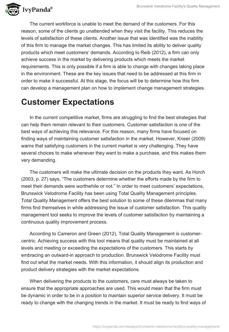 Brunswick Velodrome Facility's Quality Management. Page 2