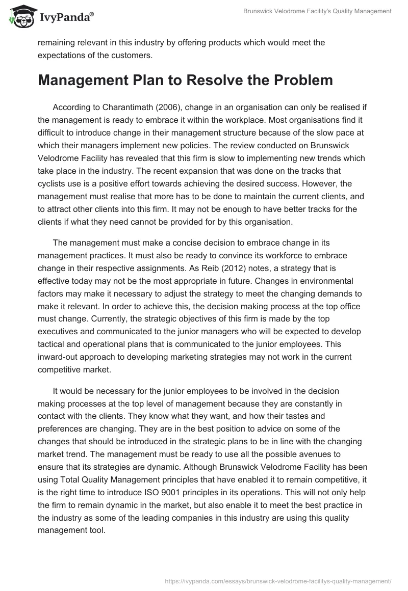 Brunswick Velodrome Facility's Quality Management. Page 3
