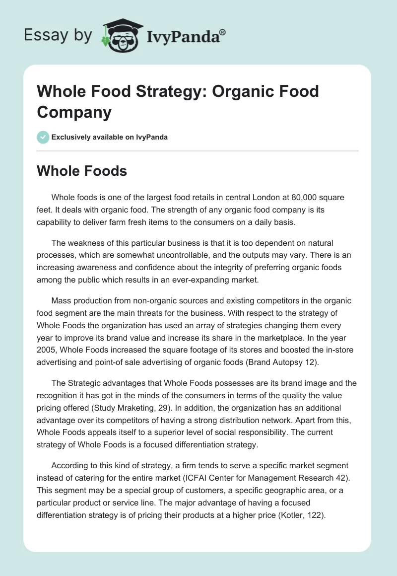 Whole Food Strategy: Organic Food Company. Page 1