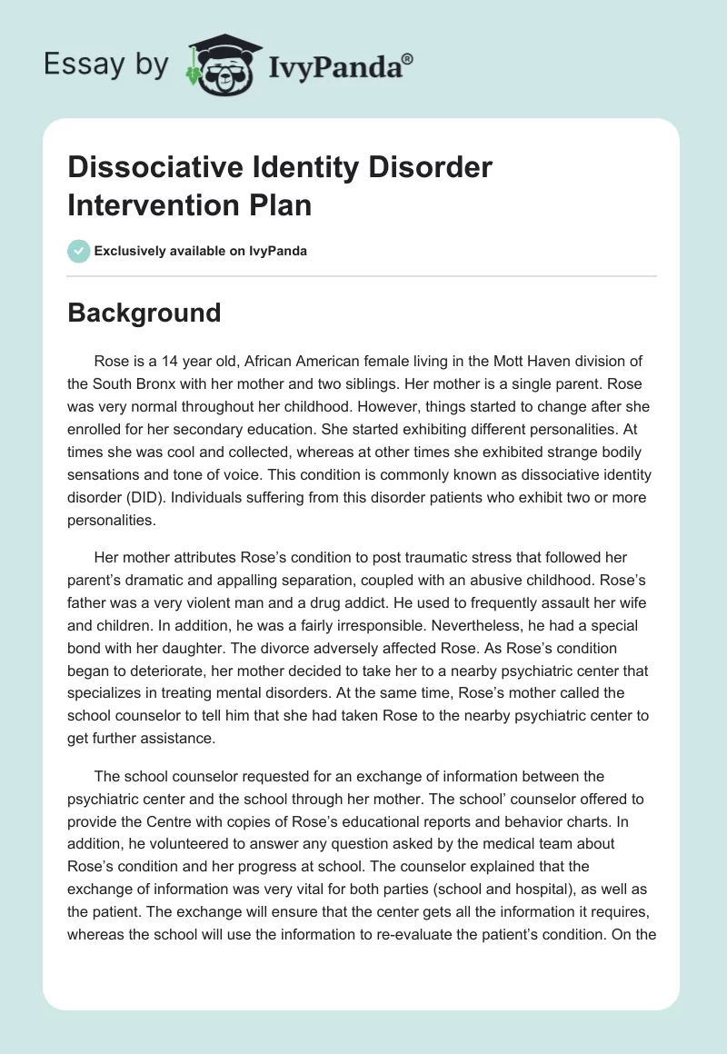 Dissociative Identity Disorder Intervention Plan. Page 1