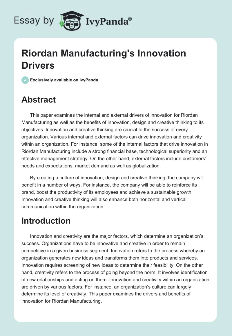 Riordan Manufacturing's Innovation Drivers. Page 1