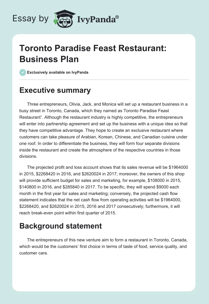 Toronto Paradise Feast Restaurant: Business Plan. Page 1