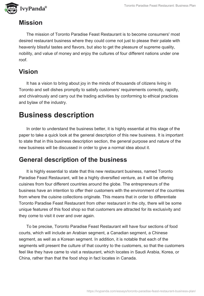 Toronto Paradise Feast Restaurant: Business Plan. Page 2