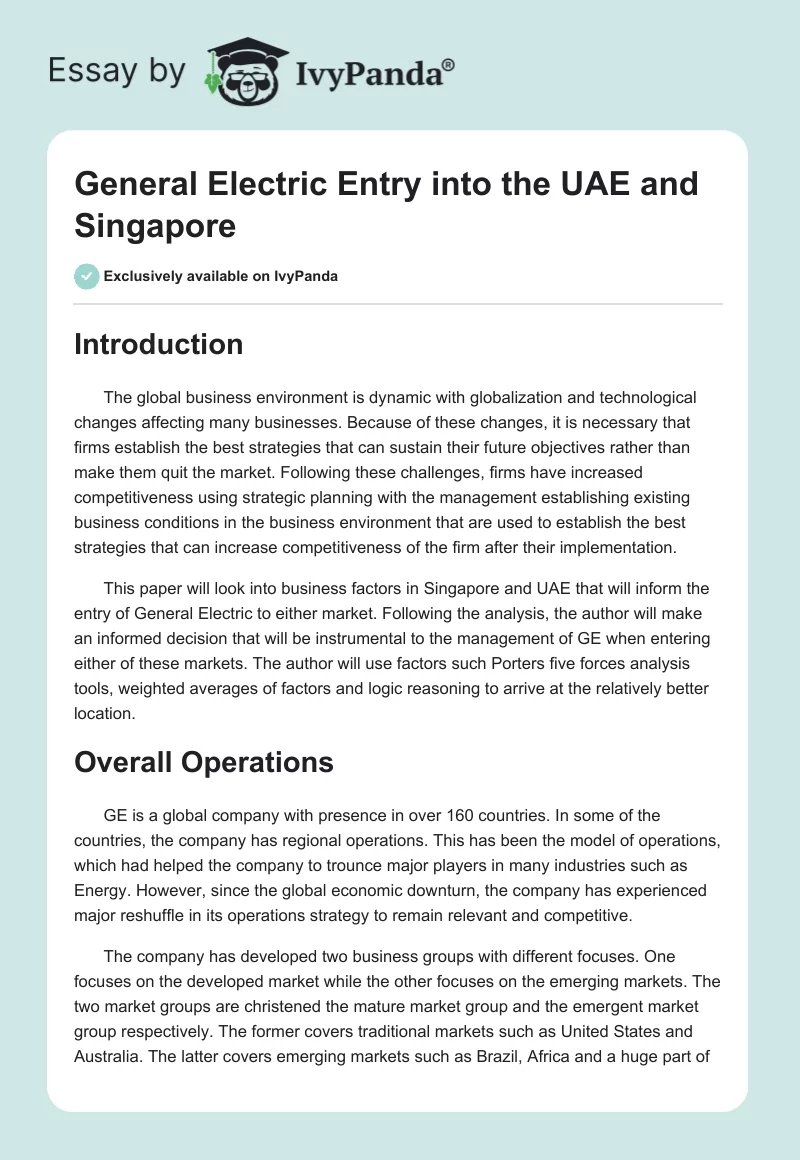 General Electric Entry into the UAE and Singapore. Page 1