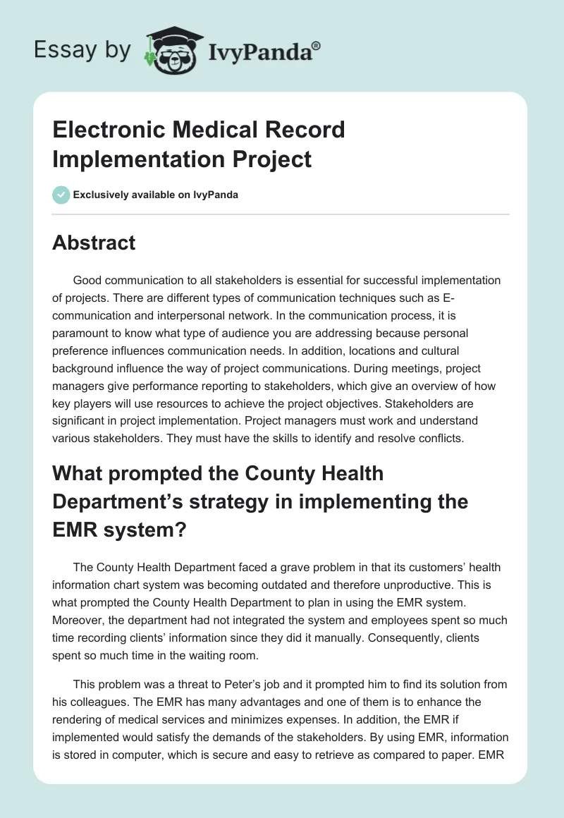 Electronic Medical Record Implementation Project. Page 1