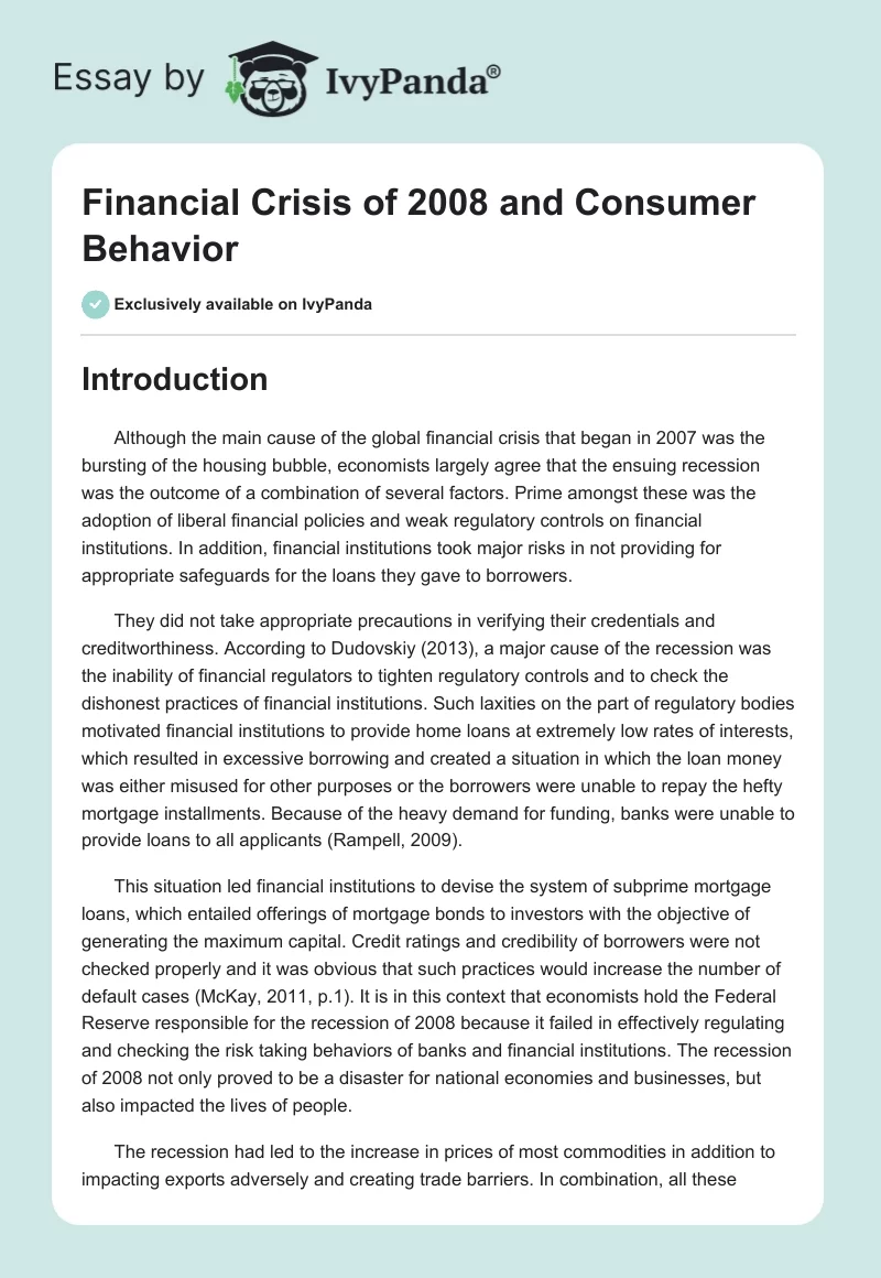 Financial Crisis of 2008 and Consumer Behavior. Page 1