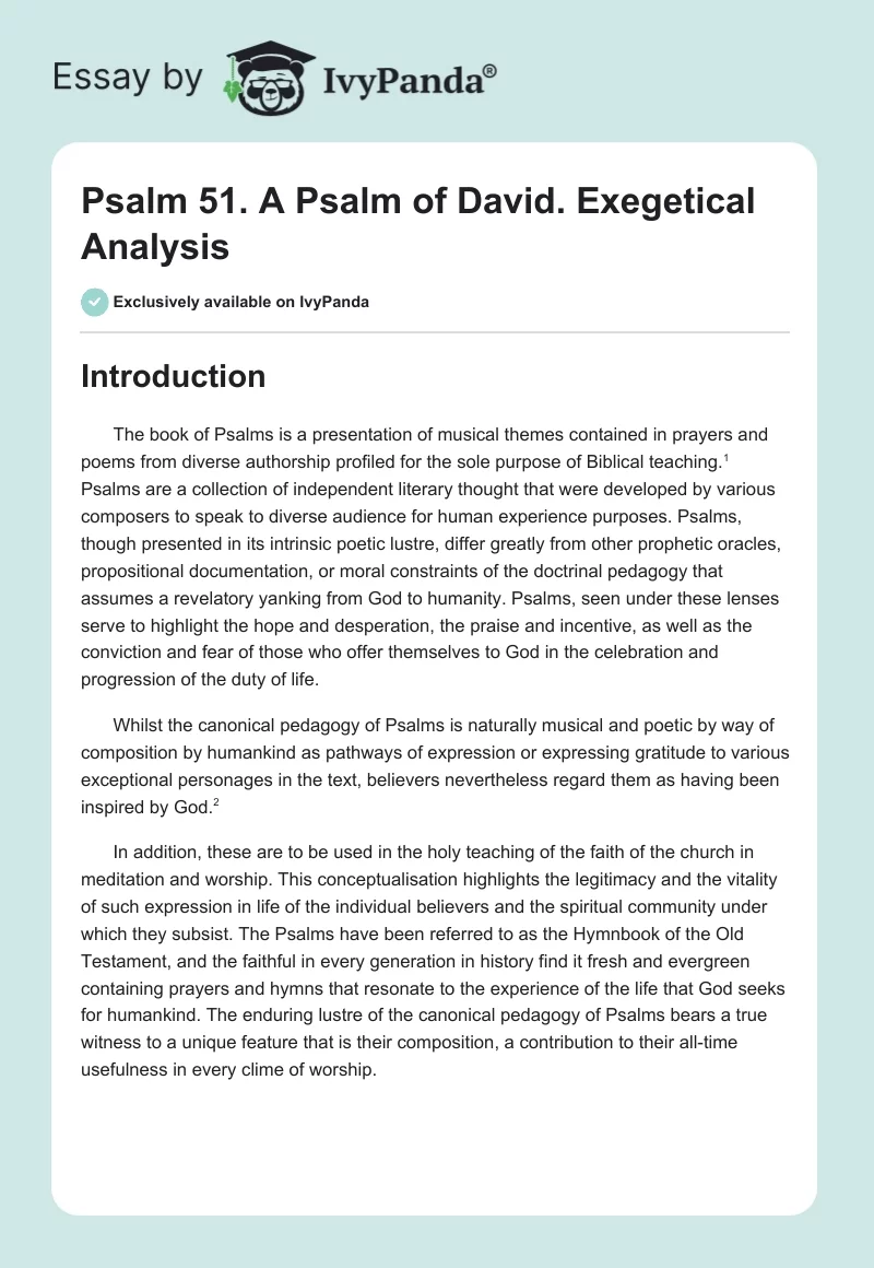 Psalm 51. A Psalm of David. Exegetical Analysis. Page 1