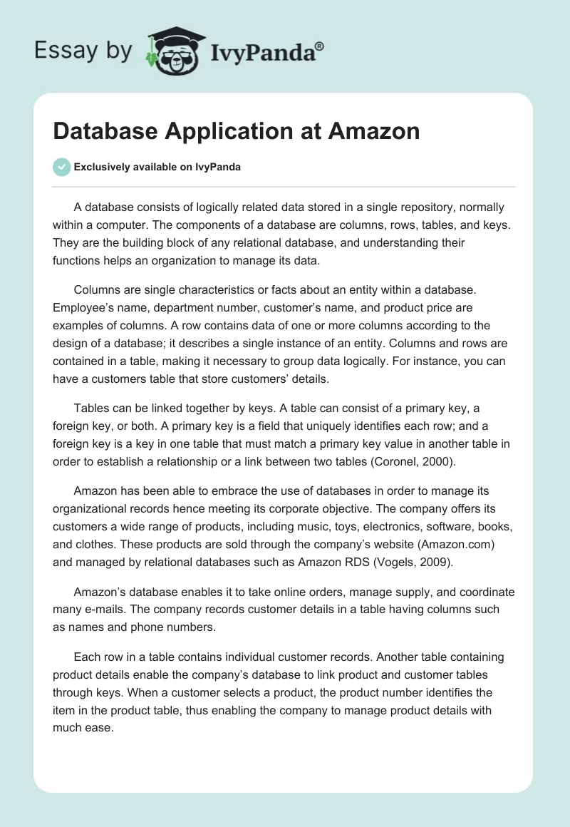 Database Application at Amazon. Page 1