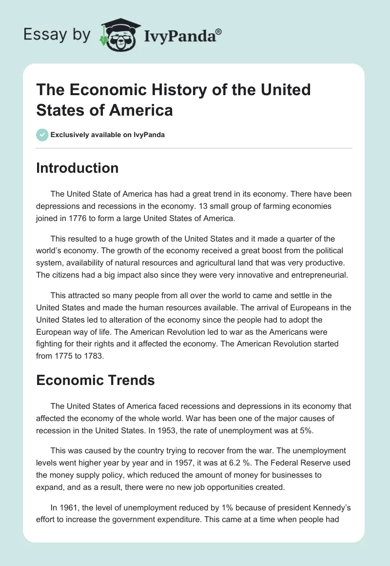The Economic History of the United States of America. Page 1