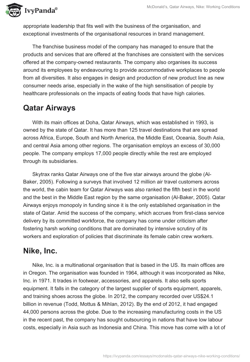 McDonald’s, Qatar Airways, Nike: Working Conditions. Page 2