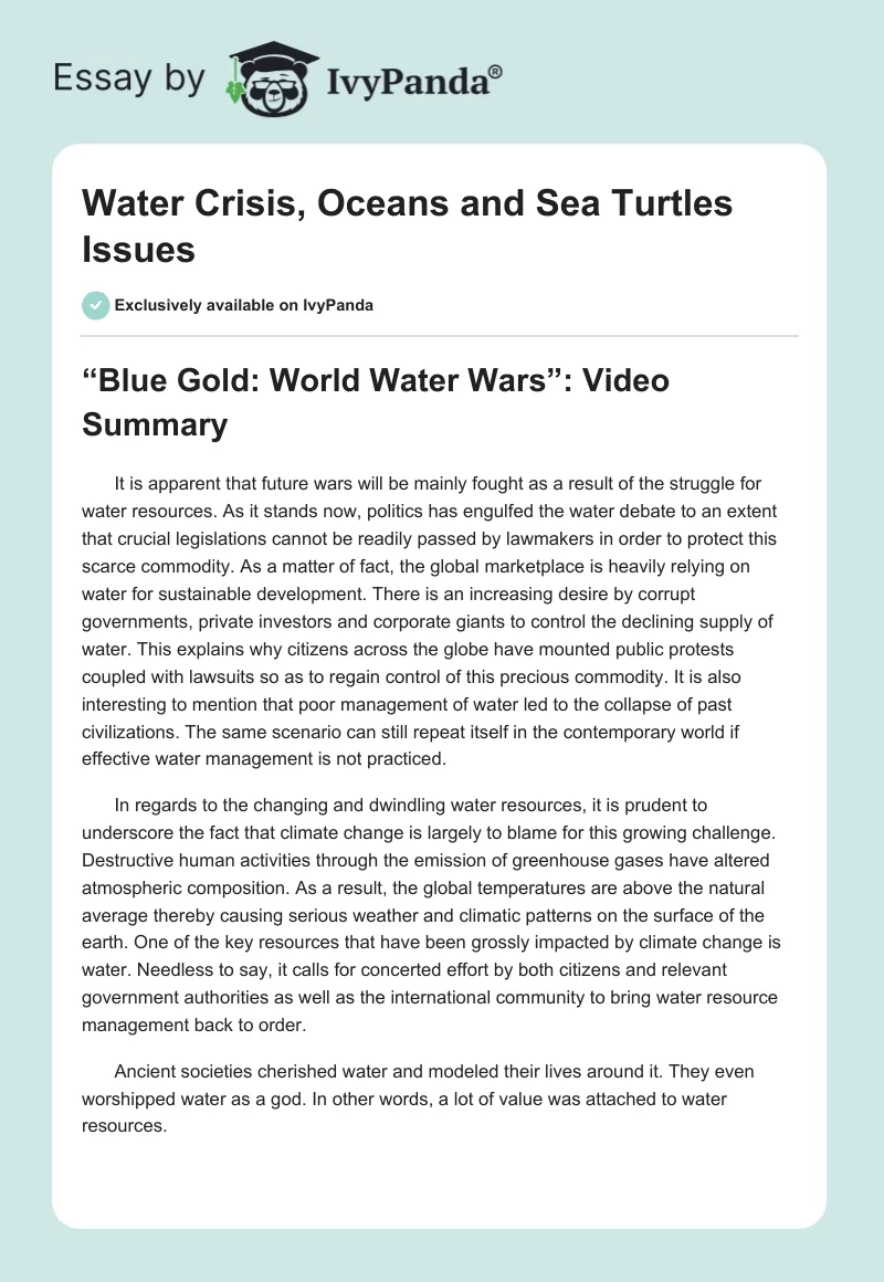 Water Crisis, Oceans and Sea Turtles Issues. Page 1