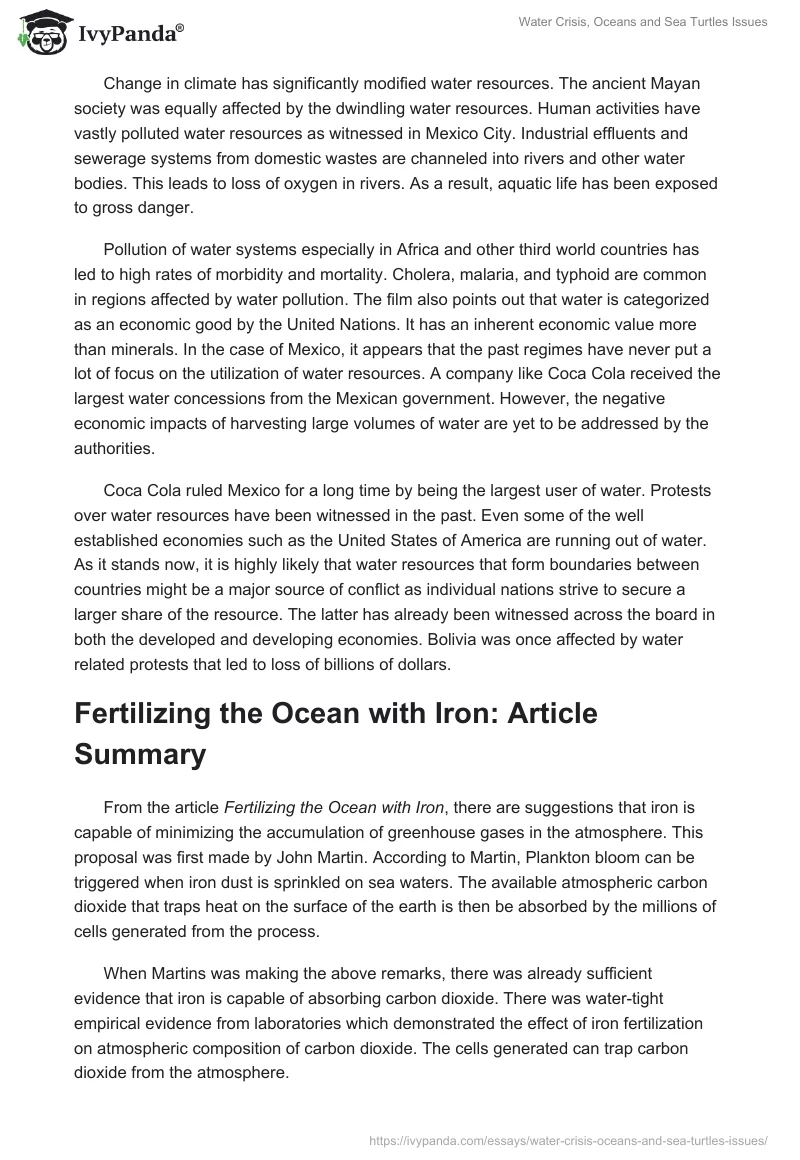 Water Crisis, Oceans and Sea Turtles Issues. Page 2